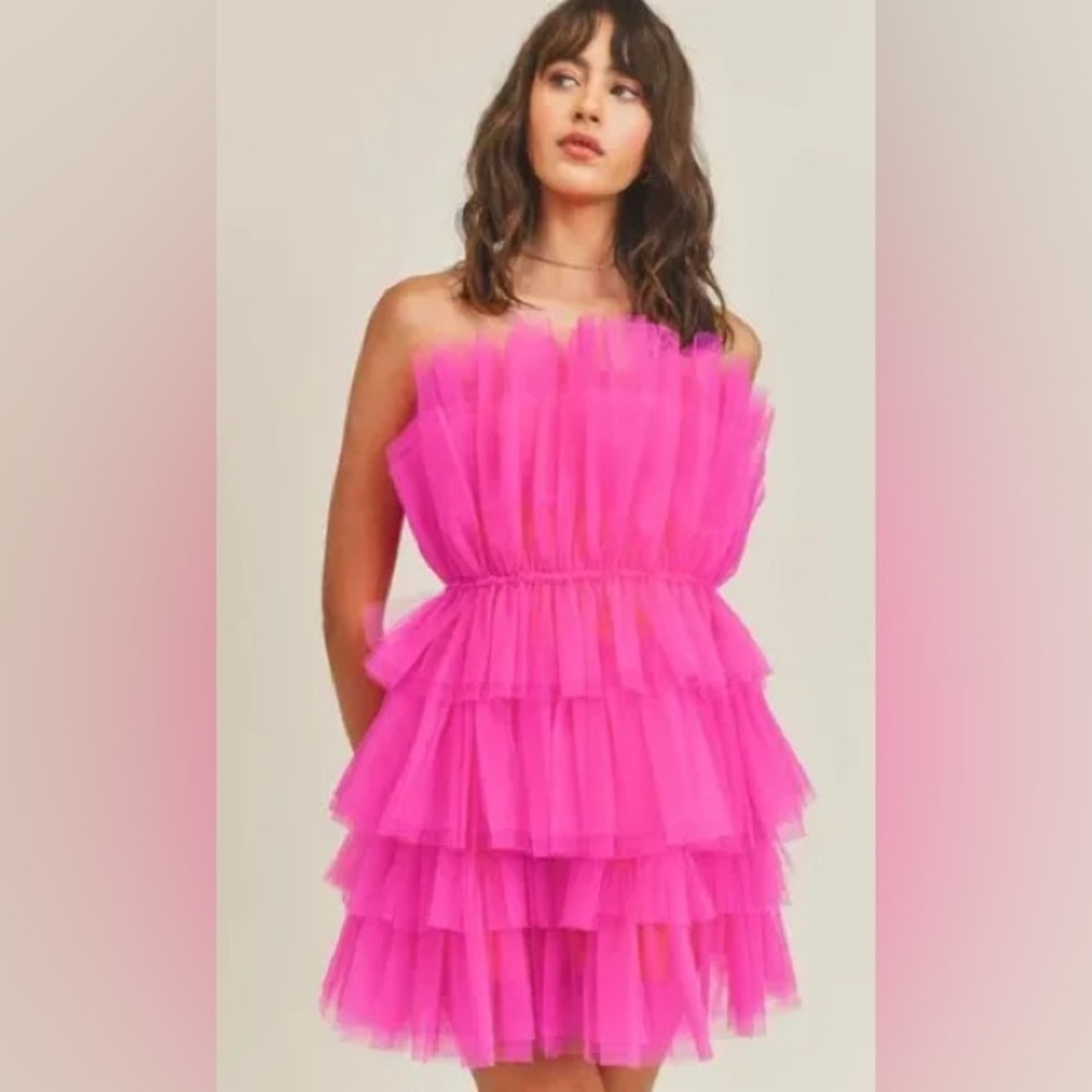 Mable Hot Pink Tulle Ruffle Strapless Mini Dress Small Barbiecore Party